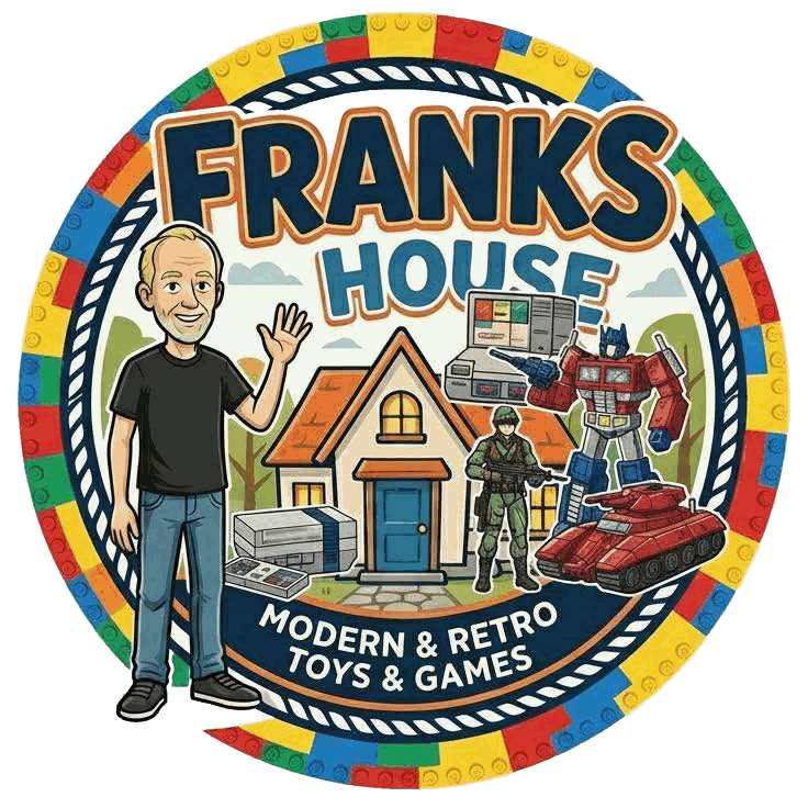 Franks House logo: a cartoon shopkeeper waving in front of the house, surrounded by classic toys and games